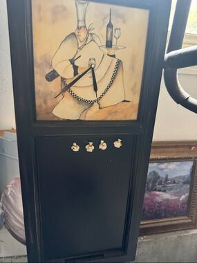 Chef Wall Clock Chalkboard with Decorative Hooks - Black and Cream